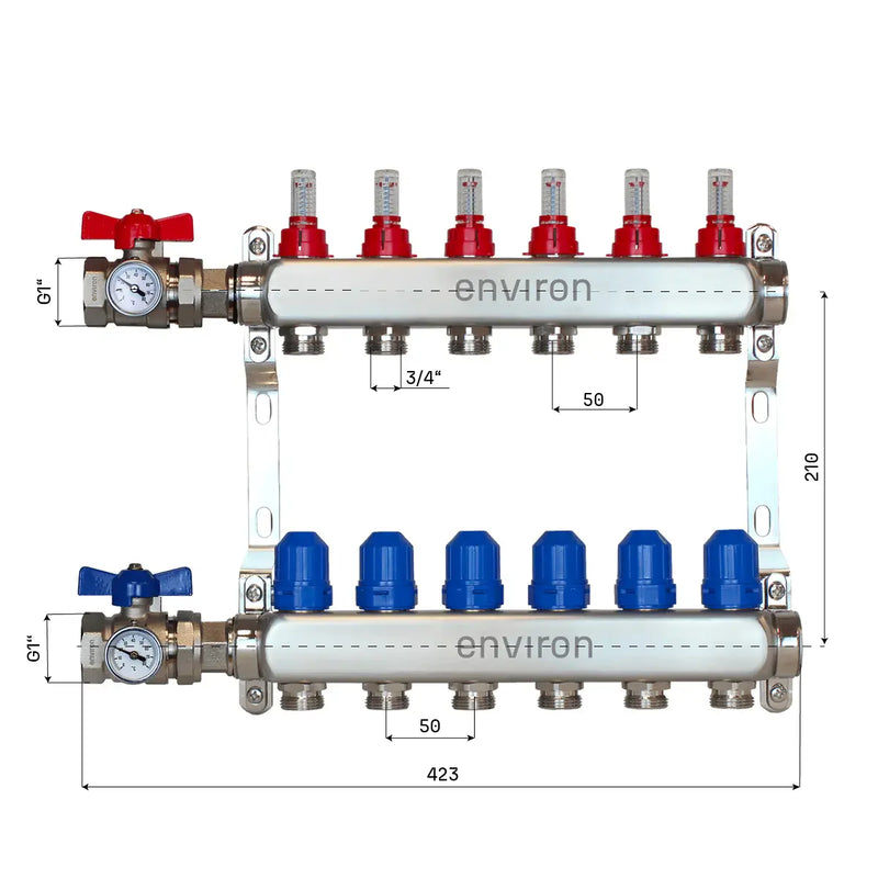 Distributeur de circuit de chauffage en acier inoxydable 2 à 12 voies avec kit de raccordement pour vanne à boisseau sphérique