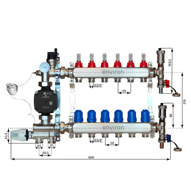 Juego de regulación de valor fijo M059 20-70°C con bomba de alta eficiencia Grundfos UPM3 25/6, distribuidor de circuito de calefacción de acero inoxidable, juego de purgadores y juego de válvulas de bola
