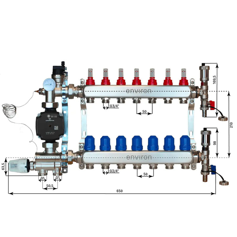 Juego de regulación de valor fijo M059 20-70°C con bomba de alta eficiencia Grundfos UPM3 25/6, distribuidor de circuito de calefacción de acero inoxidable, juego de purgadores y juego de válvulas de bola