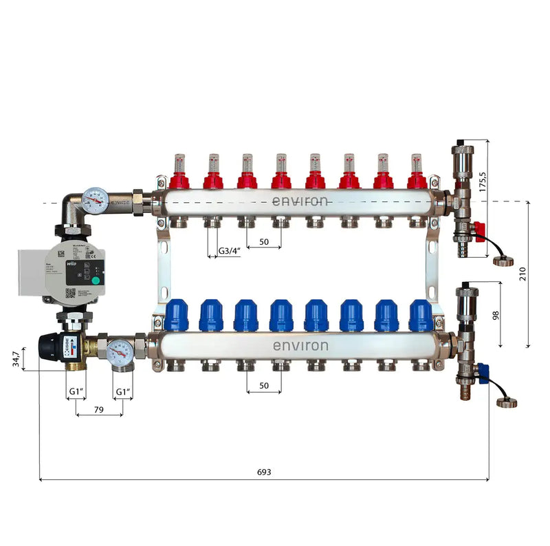 Festwertregelset M058 20-55°C mit Wilo Para 25/6 Hocheffizienzpumpe, Edelstahl-Heizkreisverteiler, Entlüfterset & Kugelhahnset