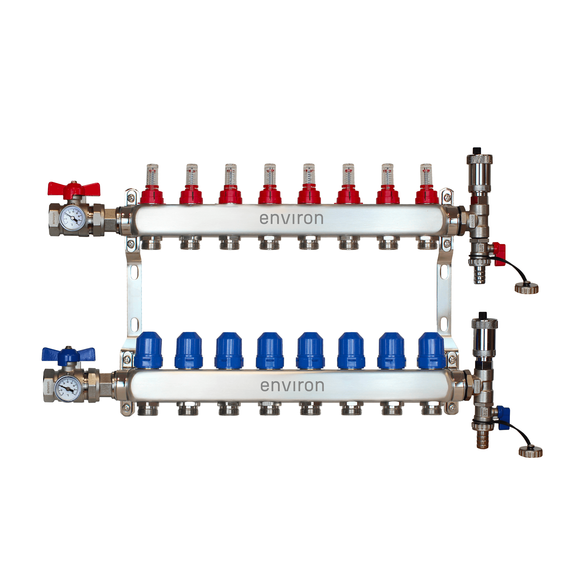 Edelstahl Heizkreisverteiler 2 - 12 fach mit Kugelhahn-& Entlüfter-Anschluss-Set