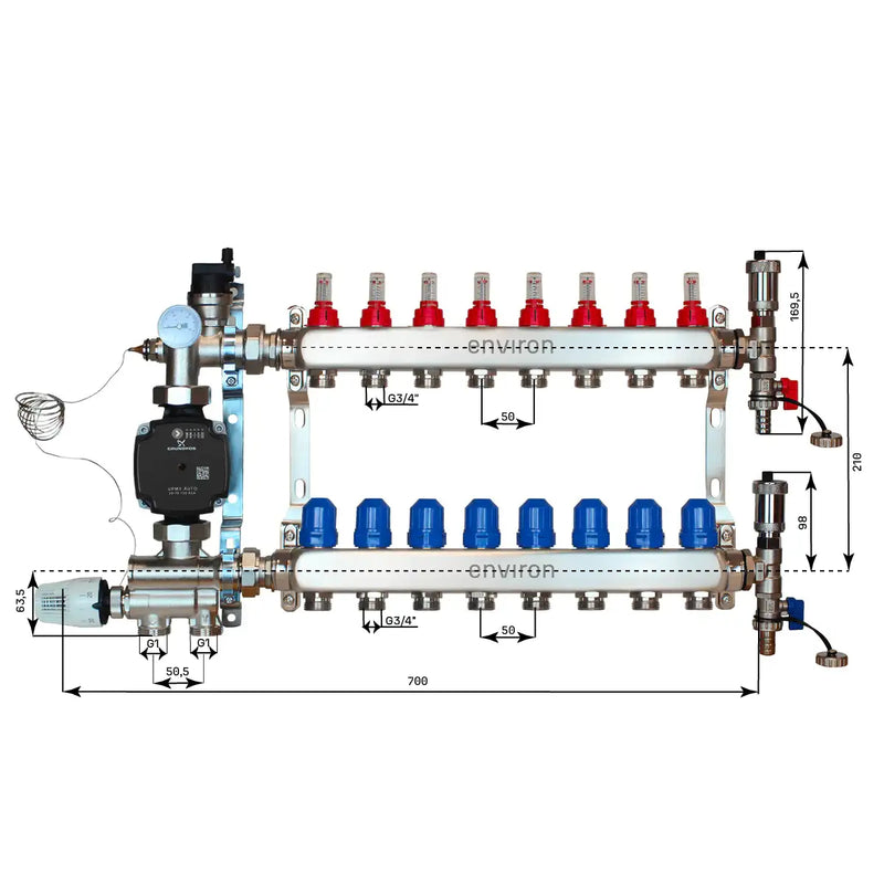 Juego de regulación de valor fijo M059 20-70°C con bomba de alta eficiencia Grundfos UPM3 25/6, distribuidor de circuito de calefacción de acero inoxidable, juego de purgadores y juego de válvulas de bola