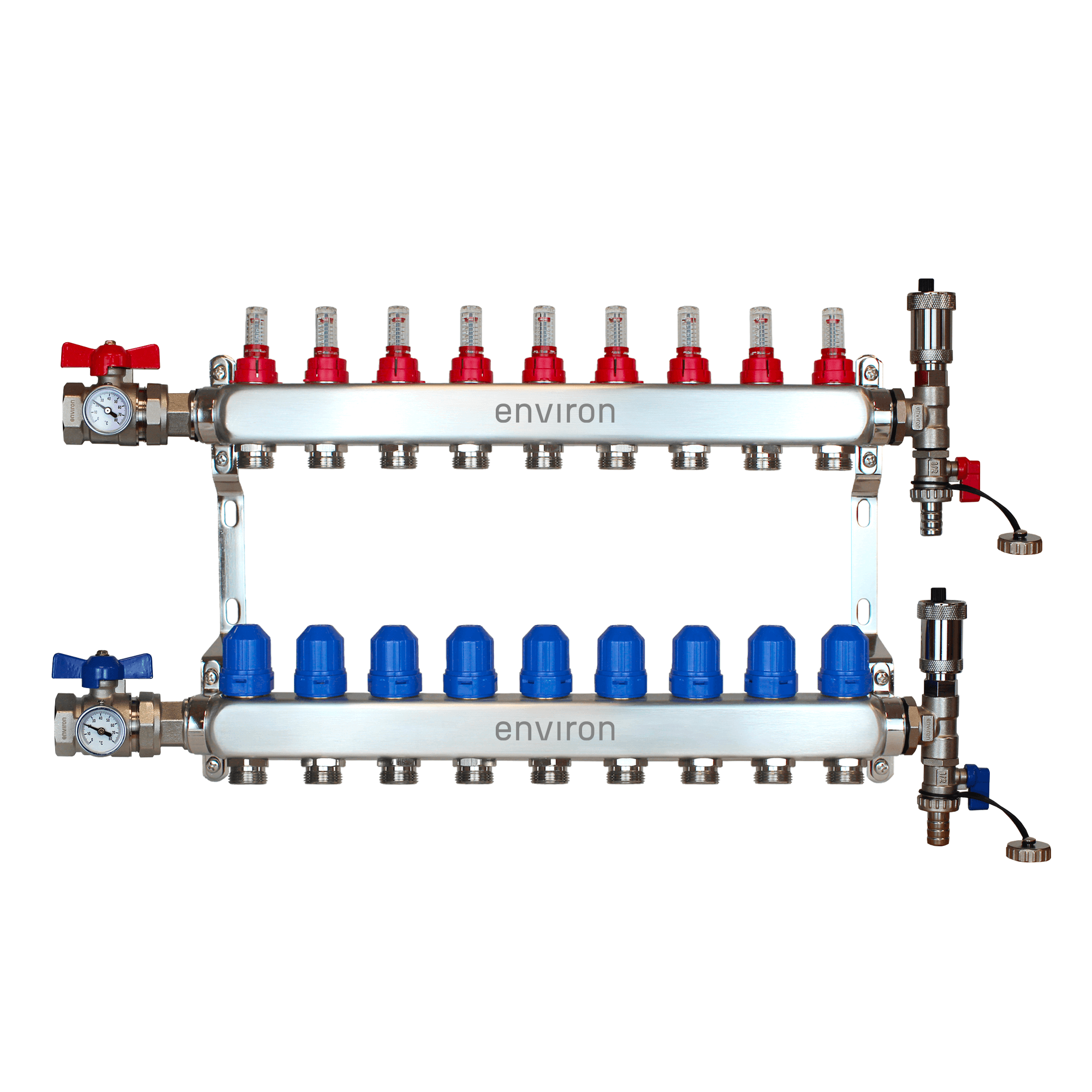 Edelstahl Heizkreisverteiler 2 - 12 fach mit Kugelhahn-& Entlüfter-Anschluss-Set