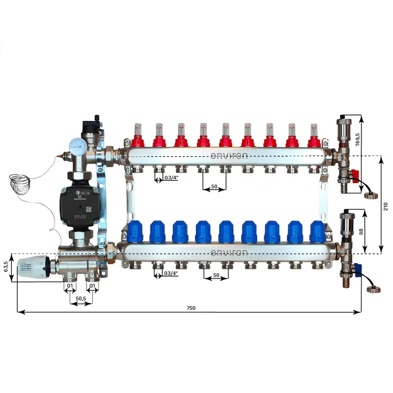 Juego de regulación de valor fijo M059 20-70°C con bomba de alta eficiencia Grundfos UPM3 25/6, distribuidor de circuito de calefacción de acero inoxidable, juego de purgadores y juego de válvulas de bola