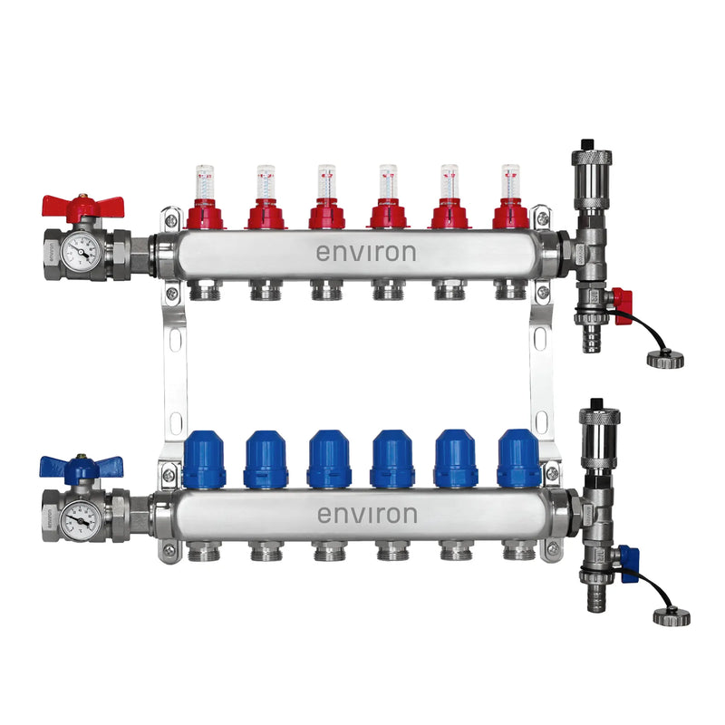 Distributeur de circuit de chauffage en acier inoxydable 2 à 12 voies avec vanne à boisseau sphérique et kit de raccordement de purge