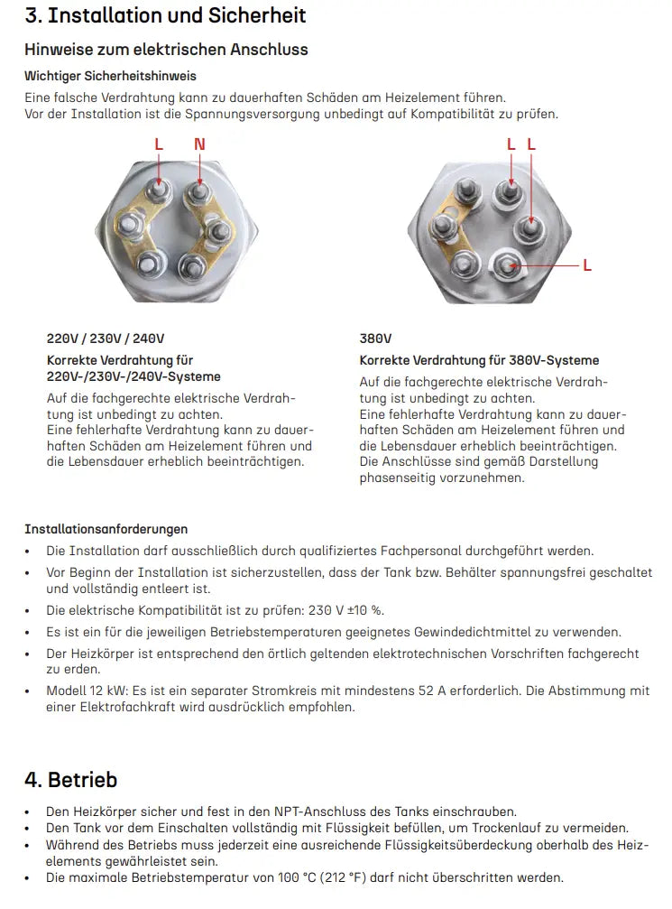 Edelstahl Elektroheizstab 3–12 kW – Pufferspeicher – 1½" AG – 230V