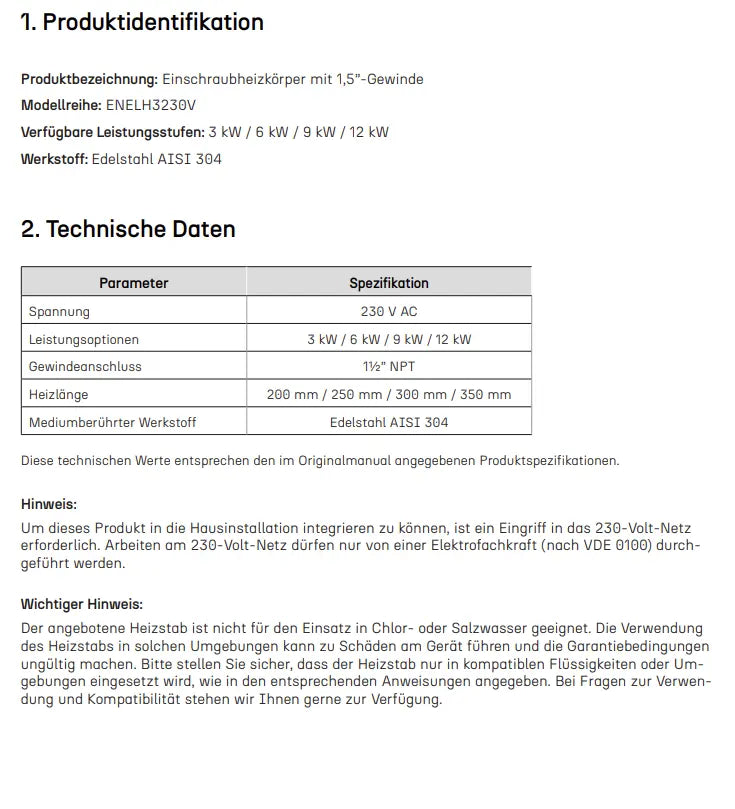 Edelstahl Elektroheizstab 3–12 kW – Pufferspeicher – 1½" AG – 230V
