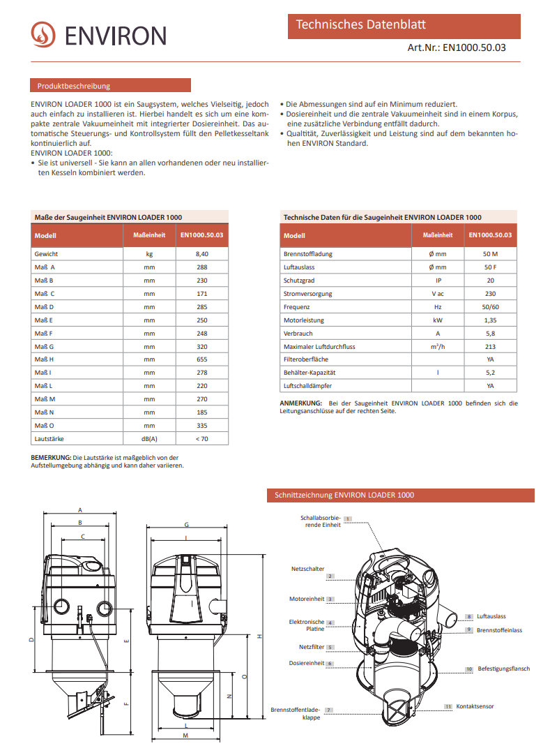 Pellet-Saugturbine LOADER1000 mit integrierter Steuerung und Dosiereinheit