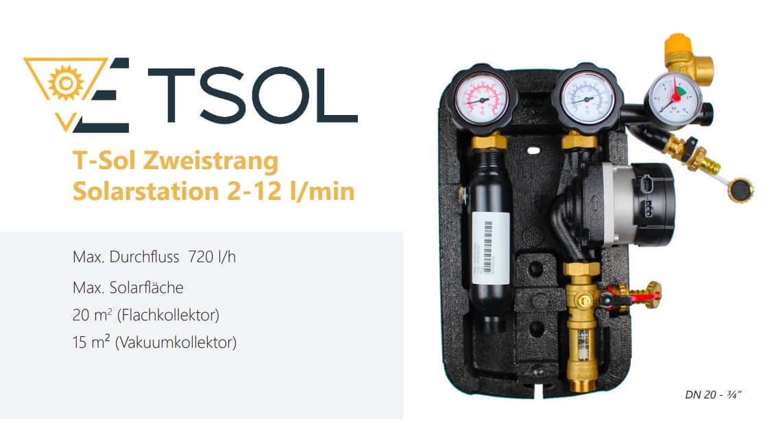 Tsol Zweistrang Solarstation 2-12 l/min mit Wilo Para 15/6 Hocheffizienzpumpe