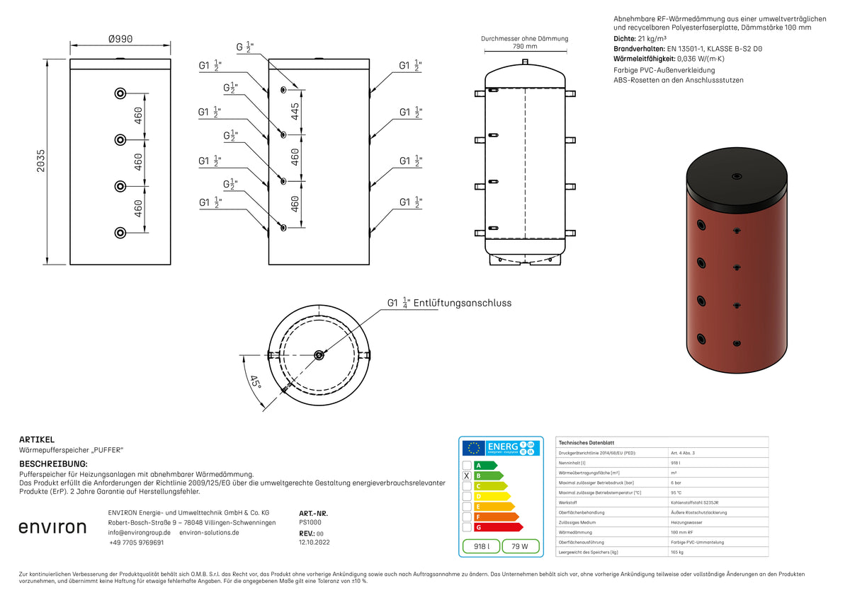 PS 1000 – Acumulador de almacenamiento 1000 litros – sin intercambiador de calor – Aislamiento desmontable