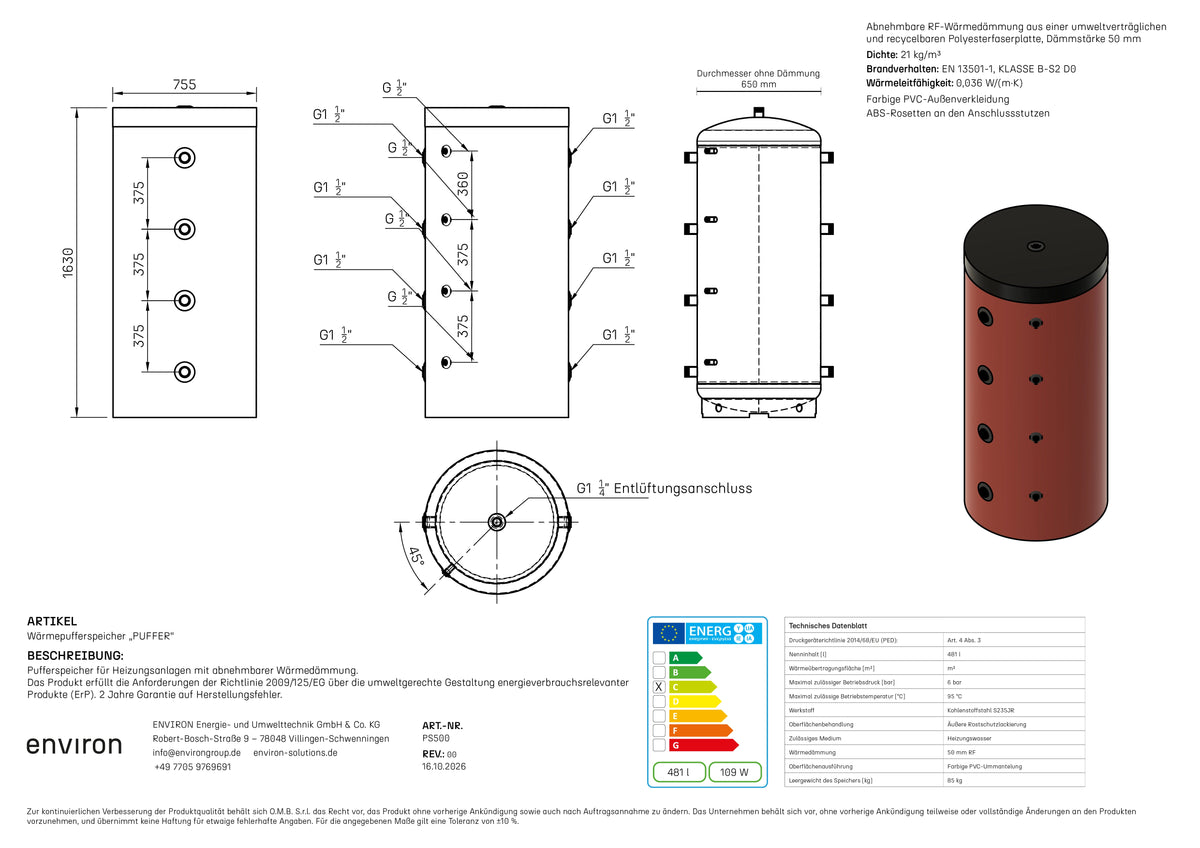 PS 500 – Acumulador de almacenamiento 500 litros – sin intercambiador de calor – Aislamiento de PU