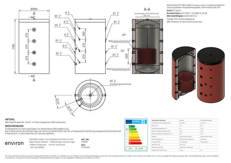 PSR 1000 – Pufferspeicher 1000 Liter – mit 1 Wärmetauscher – abnehmbare Dämmung