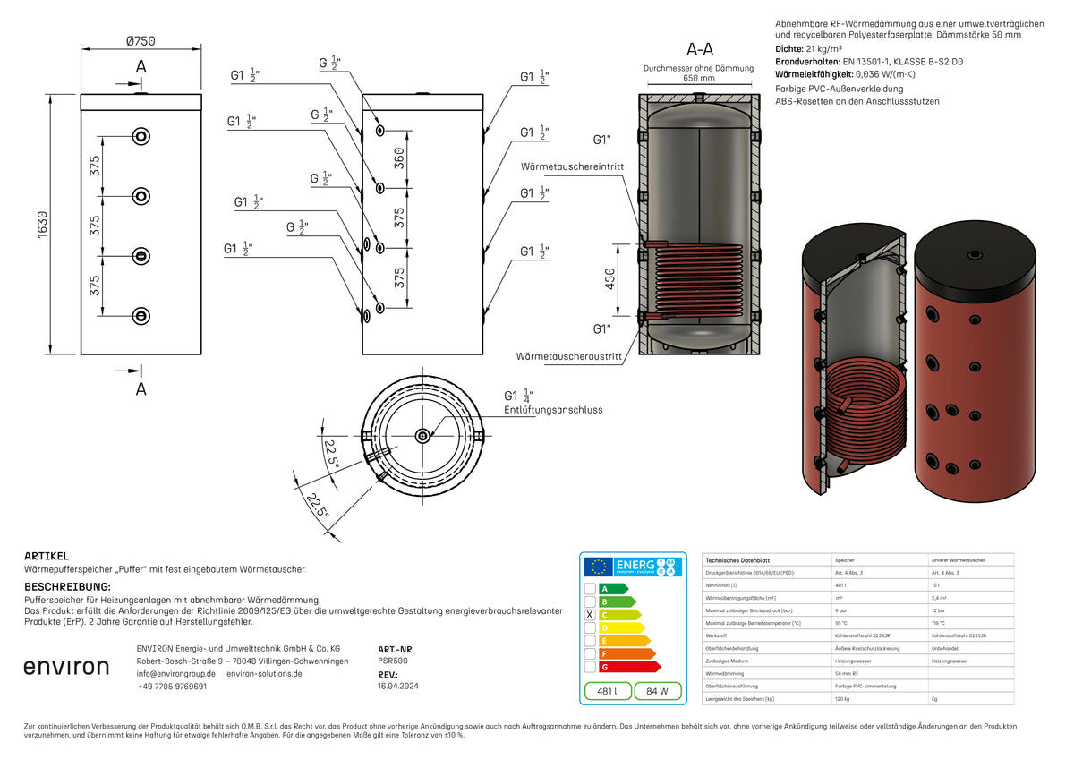 PSR 500 – Acumulador de almacenamiento 500 litros – con 1 intercambiador de calor – Espuma rígida de PU