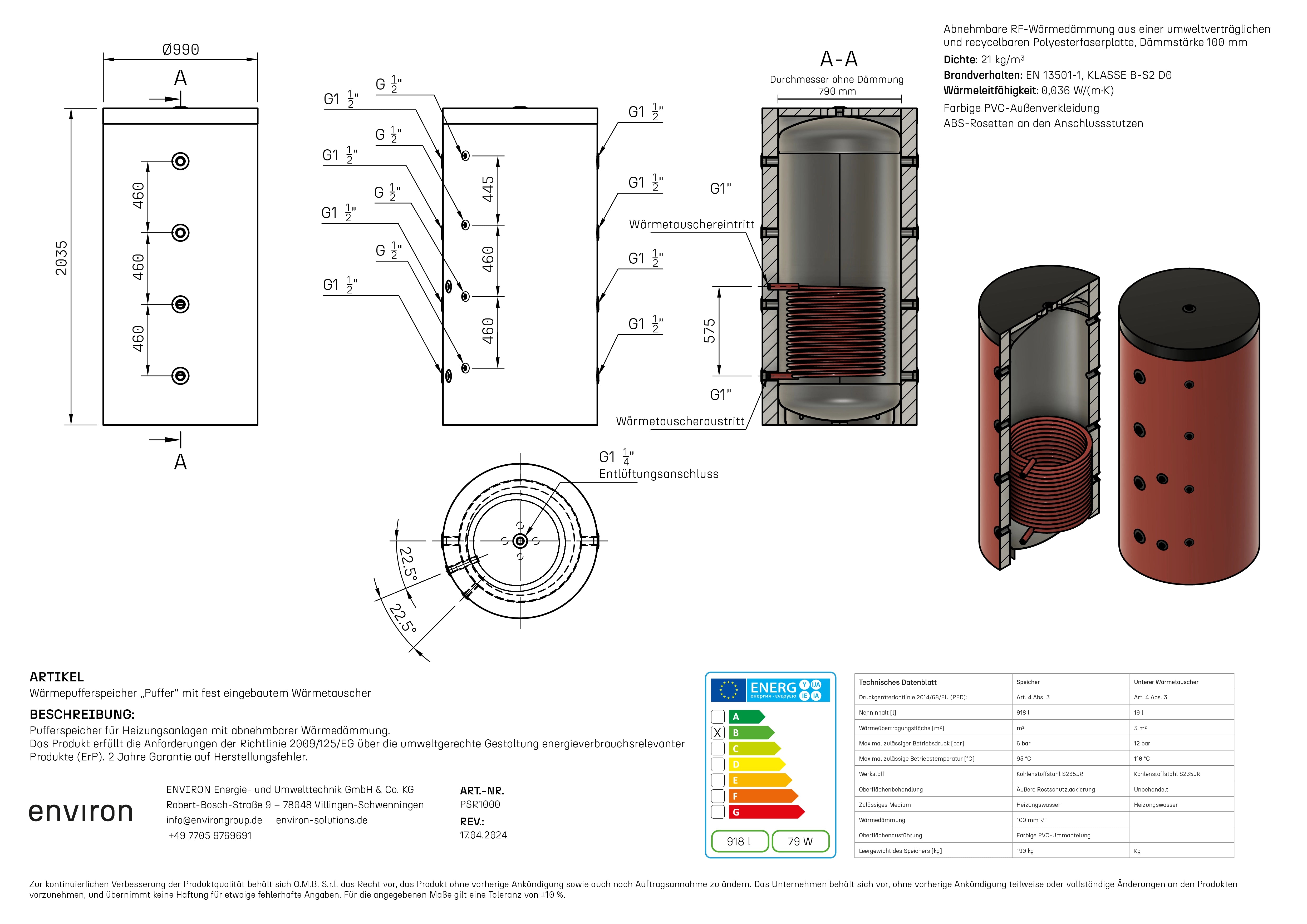 PSR 800 – Acumulador de almacenamiento 800 litros – con 1 intercambiador de calor – Aislamiento desmontable