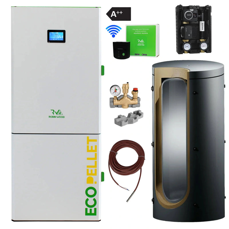 A++ Robin Wood EcoPellet Paket 2 mit Pufferspeicher, Rücklaufanhebung, Kesselsicherheitsgruppe und Wlan-Modul