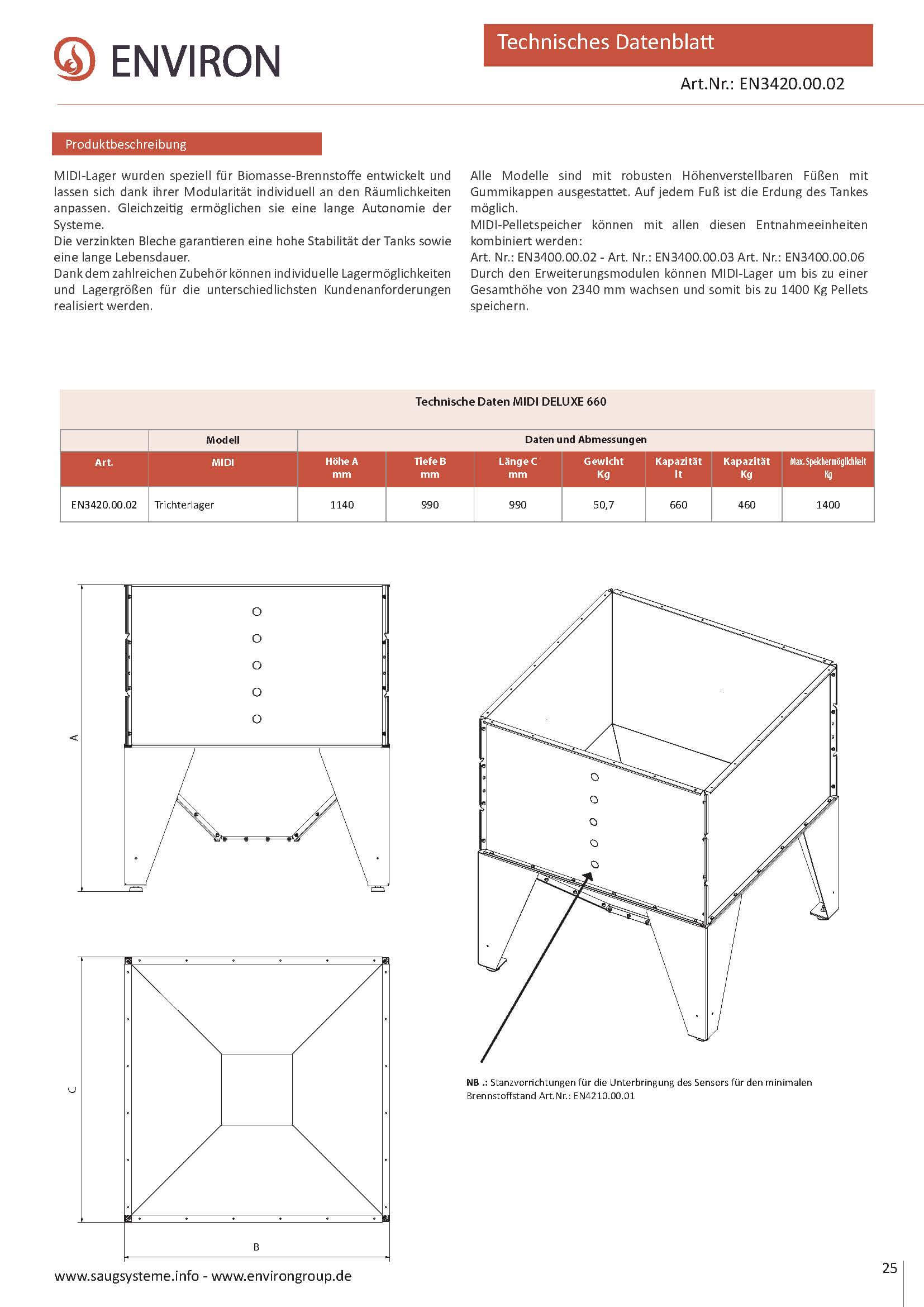 Pellet-Speicher mit Trichterboden Midi DELUXE 660