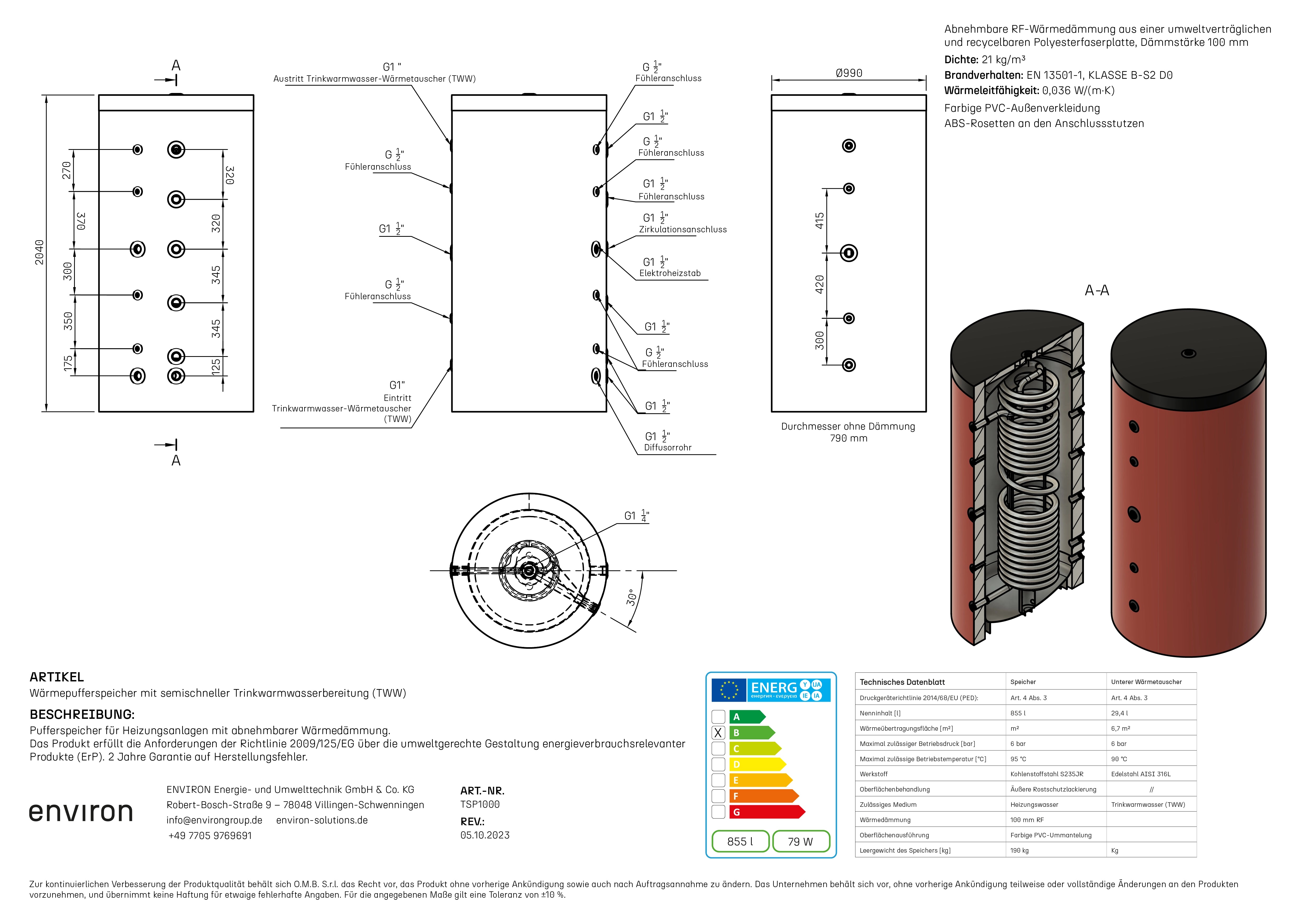 TSP 1000 – Acumulador higiénico 1000 litros – Tubo corrugado de acero inoxidable – Aislamiento desmontable