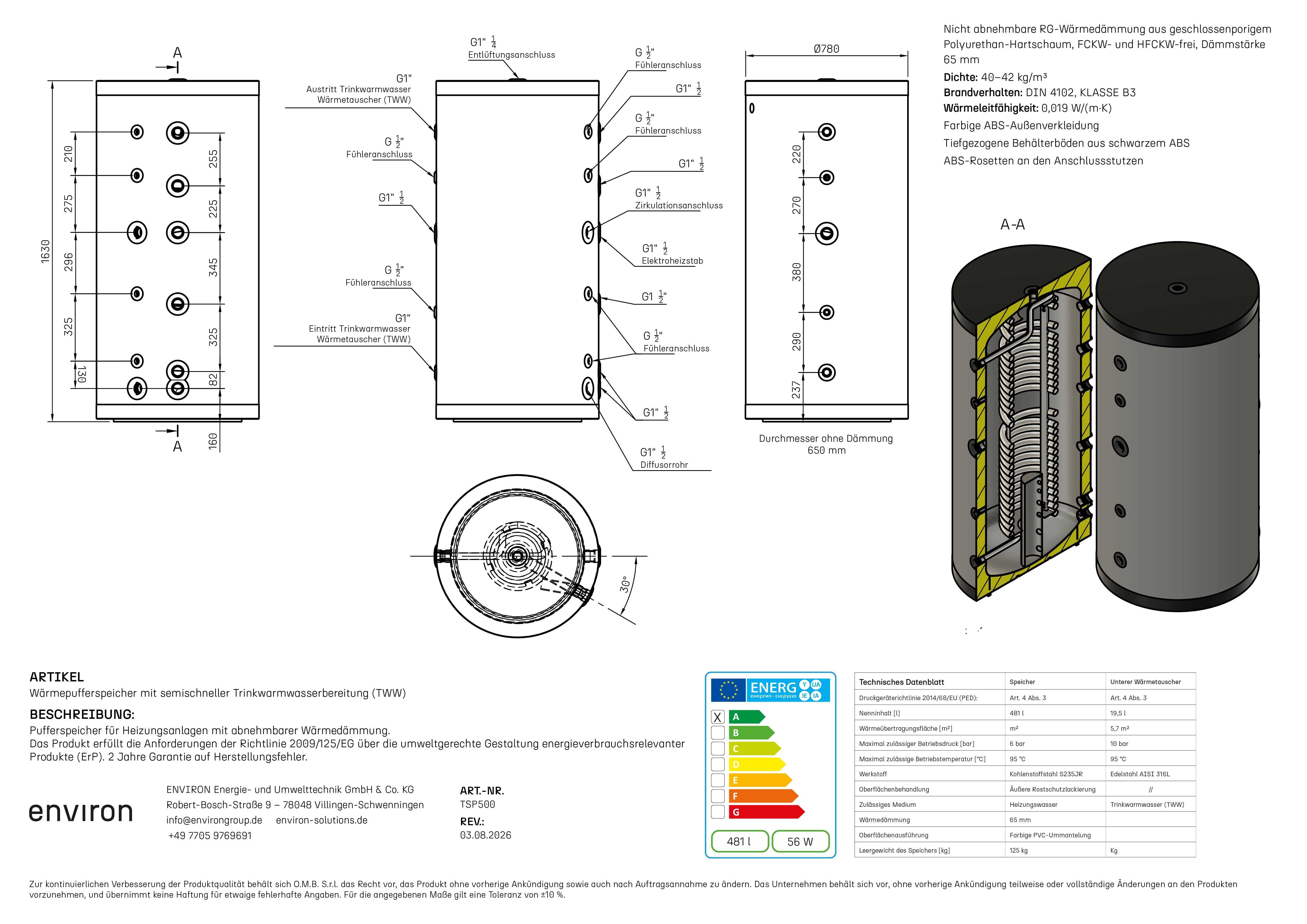 TSP 500 – Hygienespeicher 500 Liter – Edelstahl-Wellrohrwärmetauscher