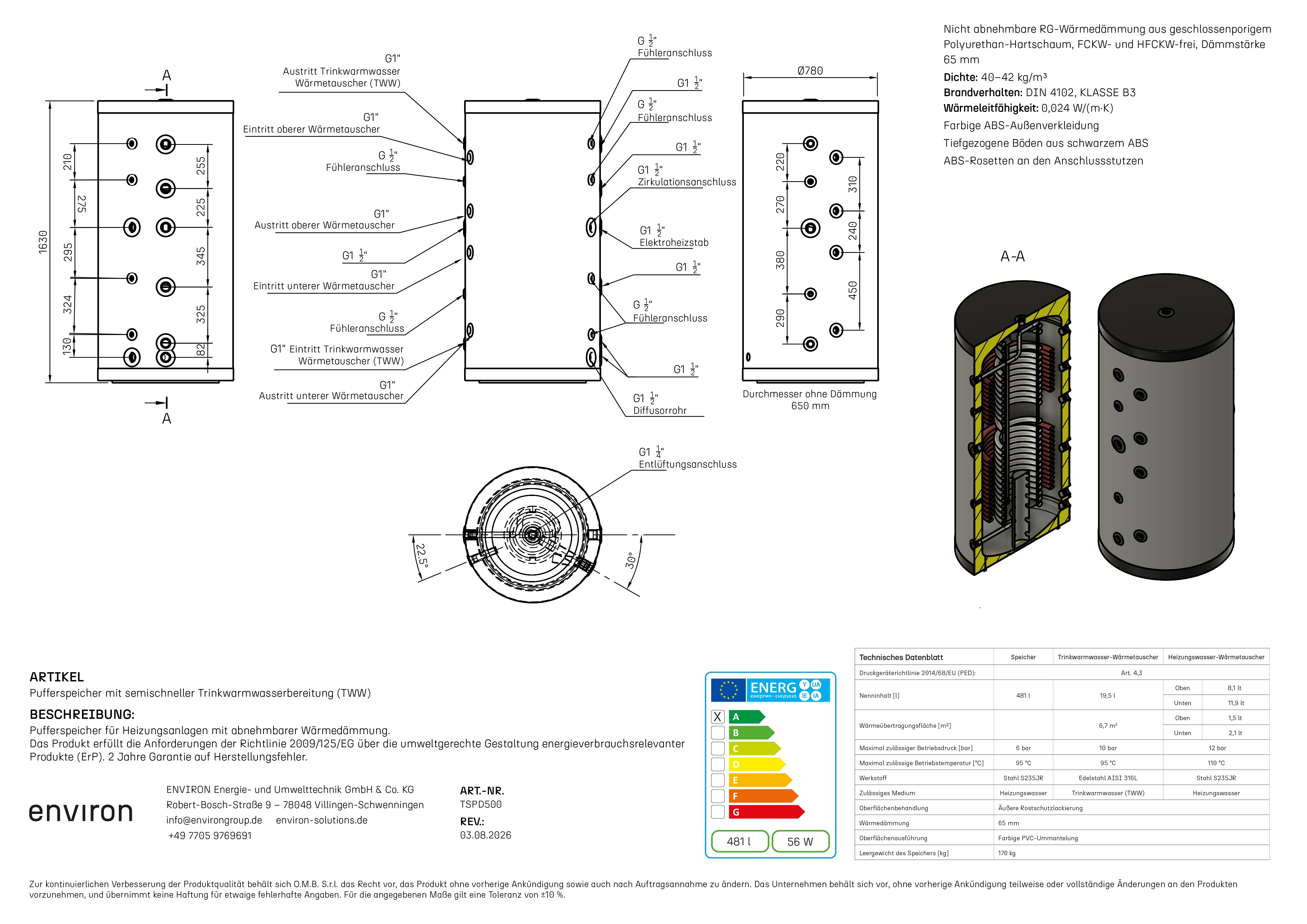 TSPD 500 – Hygienespeicher 500 Liter – mit 2 Wärmetauschern – Solar Wärmepumpe Holz