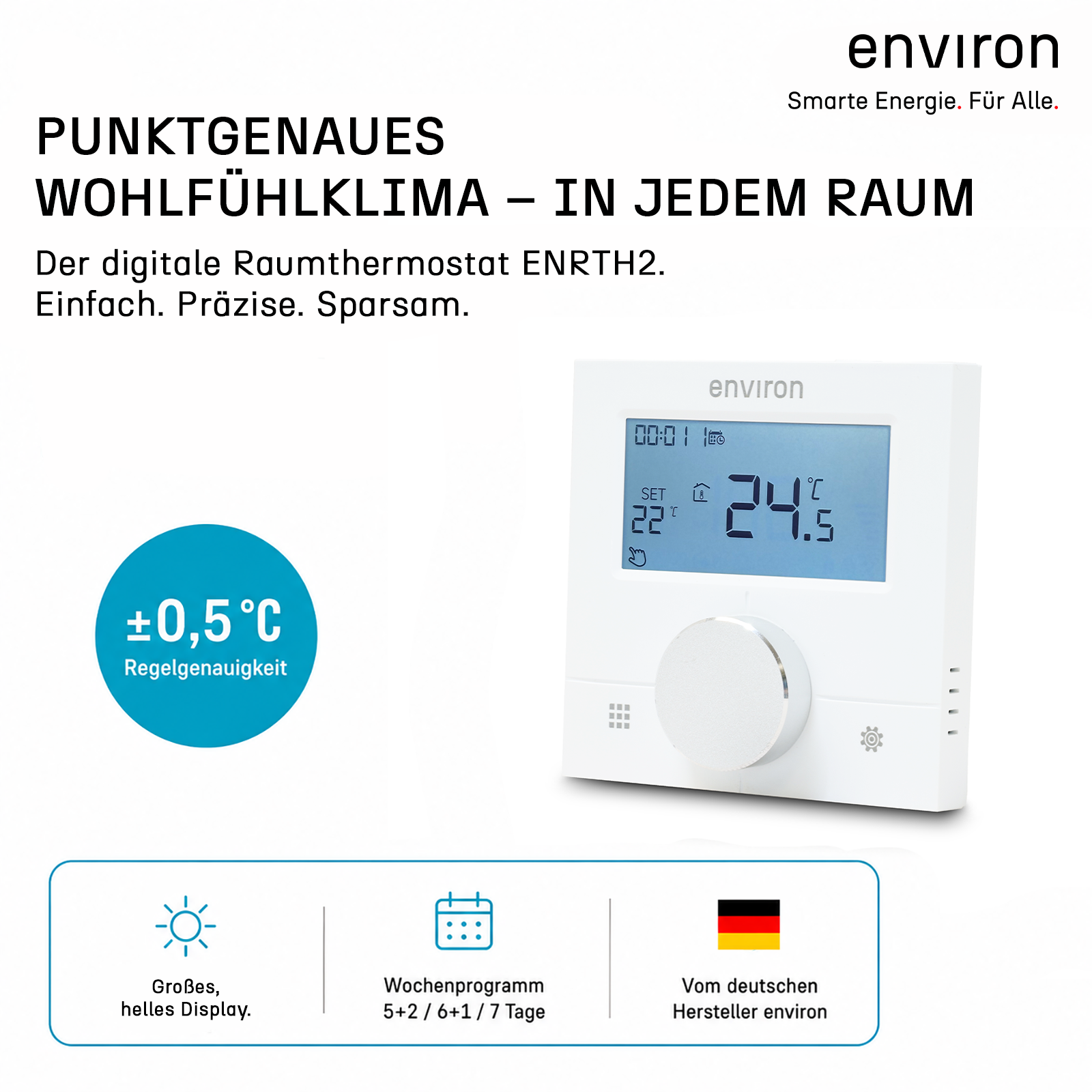 Termostato ambiente ENRTH2 empotrado 230V – digital, programa semanal, calefacción y refrigeración