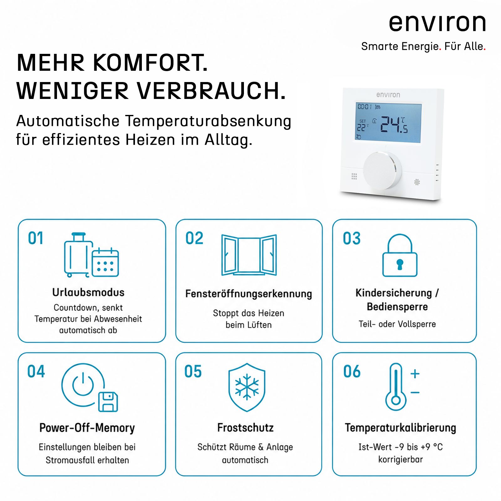 Termostato ambiente ENRTH2 empotrado 230V – digital, programa semanal, calefacción y refrigeración