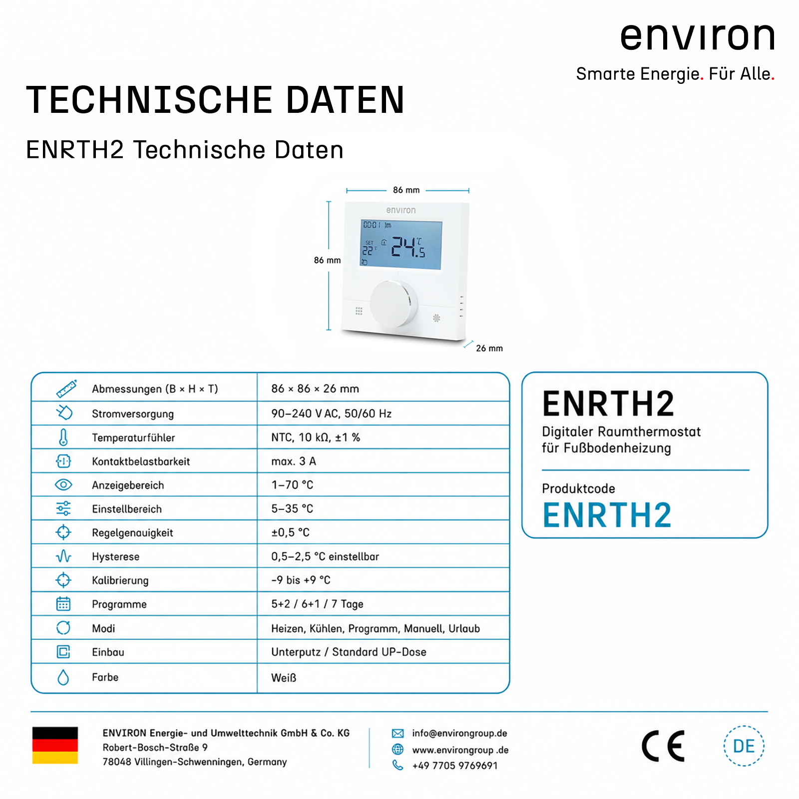 Termostato ambiente ENRTH2 empotrado 230V – digital, programa semanal, calefacción y refrigeración