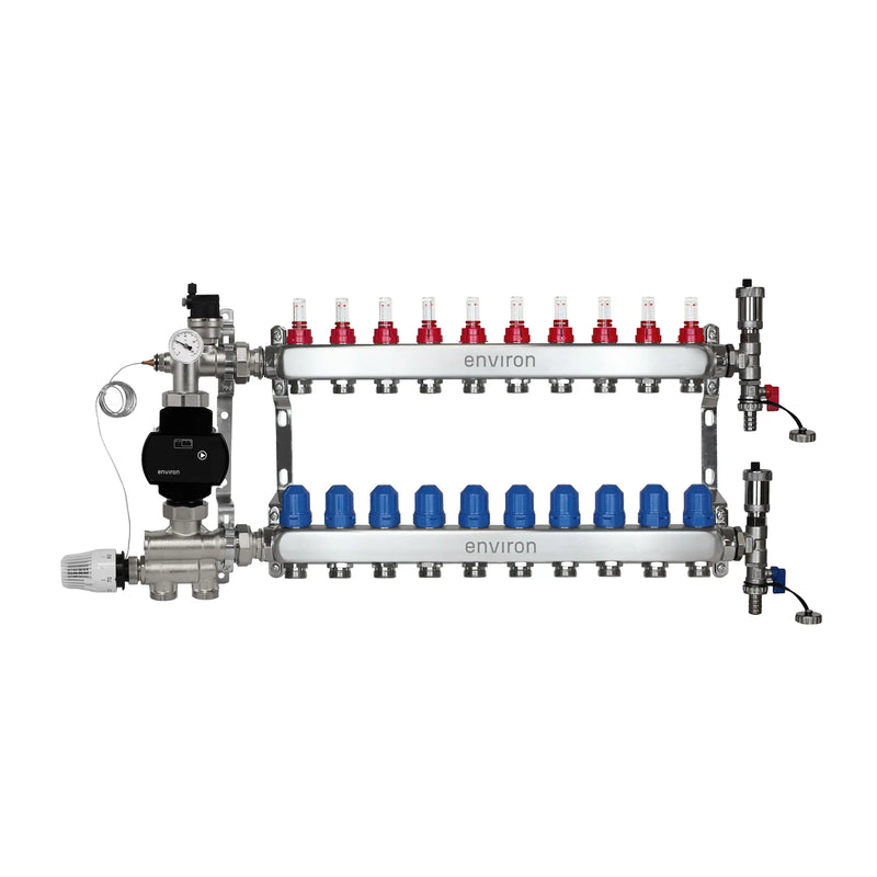 Festwertregelset M059 20-70°C mit EcoStar II 25/6 Hocheffizienzpumpe, Edelstahl-Heizkreisverteiler, Entlüfterset & Kugelhahnset