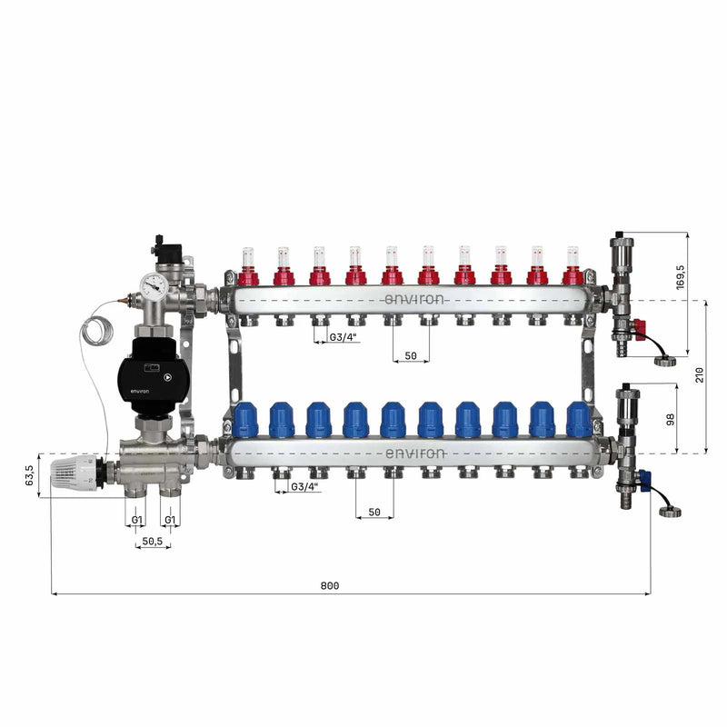 Festwertregelset M059 20-70°C mit EcoStar II 25/6 Hocheffizienzpumpe, Edelstahl-Heizkreisverteiler, Entlüfterset & Kugelhahnset