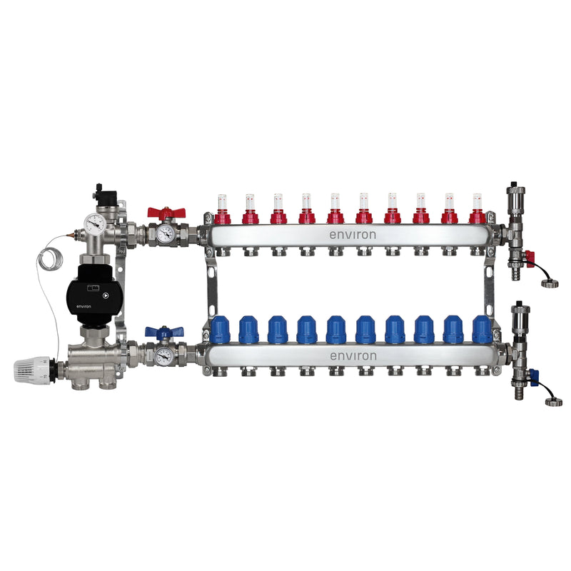 Festwertregelset M059 20-70°C mit EcoStar II 25/6 Hocheffizienzpumpe, Edelstahl-Heizkreisverteiler, Entlüfterset & Kugelhahnset
