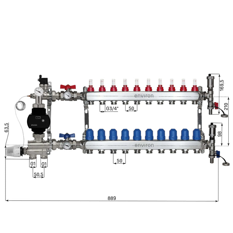 Festwertregelset M058 20-55°C mit Grundfos UPM3 25/6 Hocheffizienzpumpe, Edelstahl-Heizkreisverteiler, Entlüfterset & Kugelhahnset