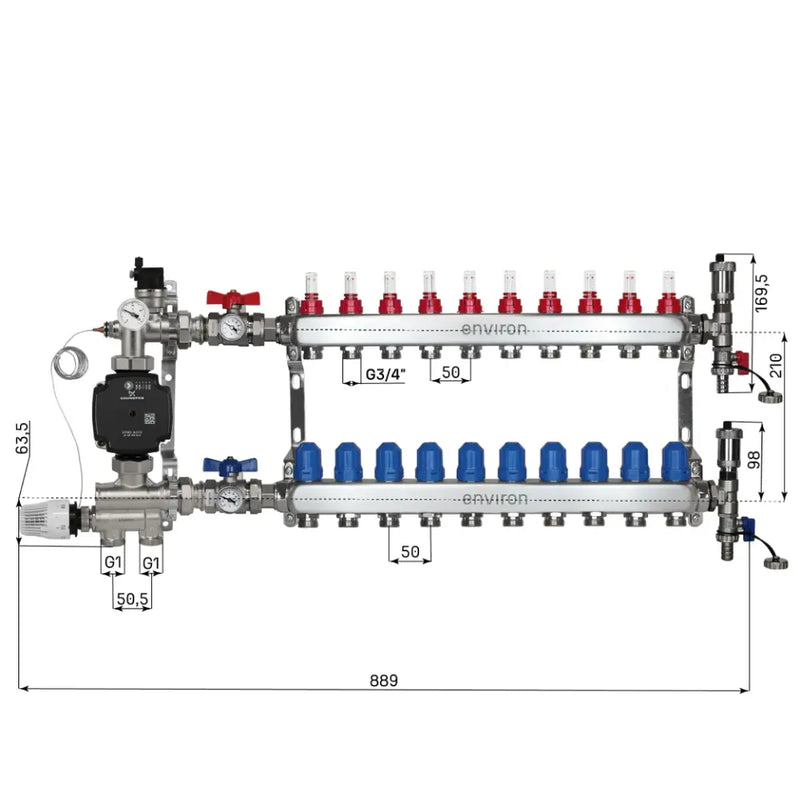 Juego de regulación de valor fijo M059 20-70°C con bomba de alta eficiencia Grundfos UPM3 25/6, distribuidor de circuito de calefacción de acero inoxidable, juego de purgadores y juego de válvulas de bola