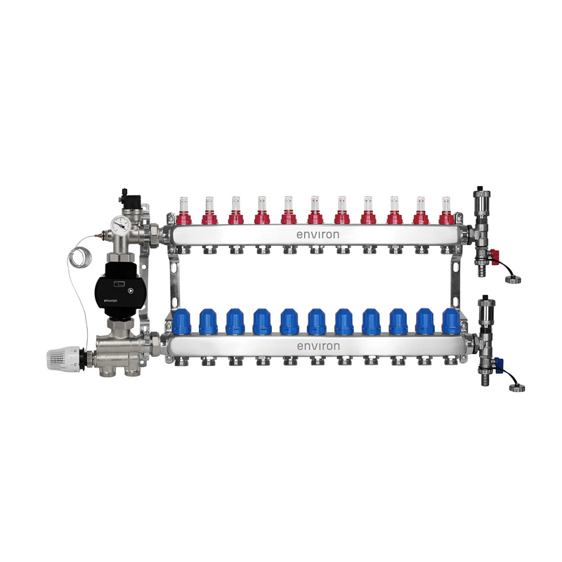 Festwertregelset M059 20-70°C mit EcoStar II 25/6 Hocheffizienzpumpe, Edelstahl-Heizkreisverteiler, Entlüfterset & Kugelhahnset