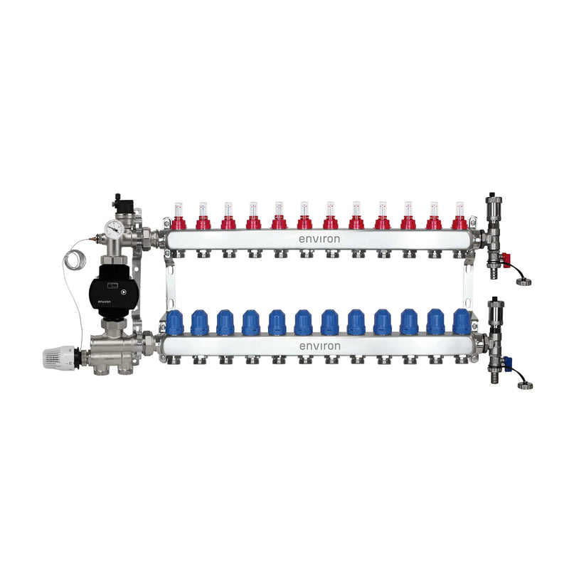 Festwertregelset M059 20-70°C mit EcoStar II 25/6 Hocheffizienzpumpe, Edelstahl-Heizkreisverteiler, Entlüfterset & Kugelhahnset
