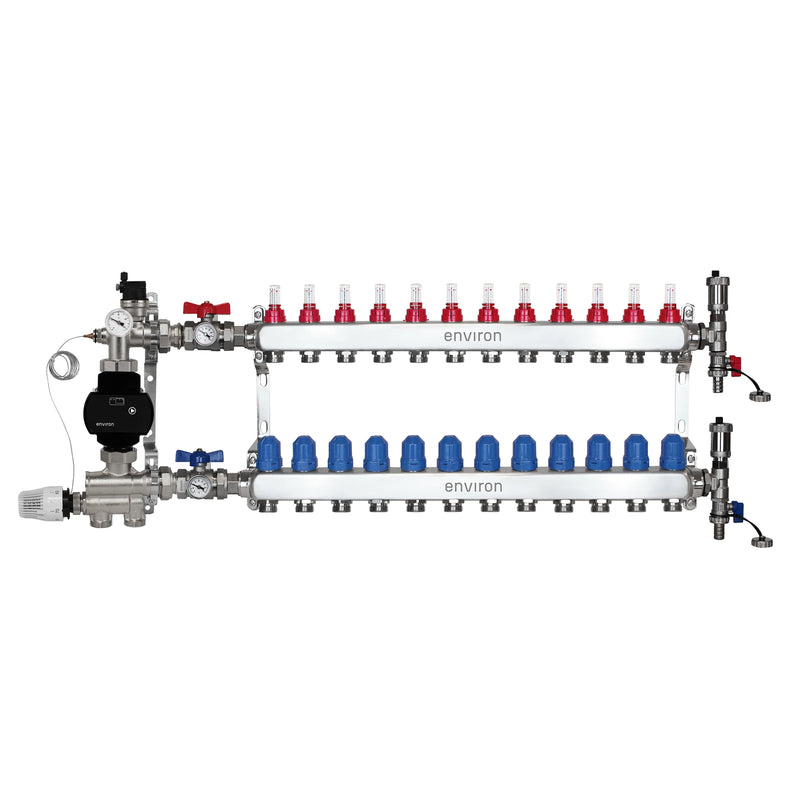 Festwertregelset M059 20-70°C mit EcoStar II 25/6 Hocheffizienzpumpe, Edelstahl-Heizkreisverteiler, Entlüfterset & Kugelhahnset