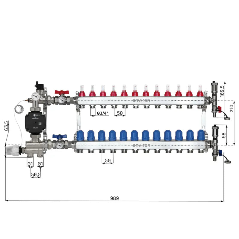Juego de regulación de valor fijo M059 20-70°C con bomba de alta eficiencia Grundfos UPM3 25/6, distribuidor de circuito de calefacción de acero inoxidable, juego de purgadores y juego de válvulas de bola