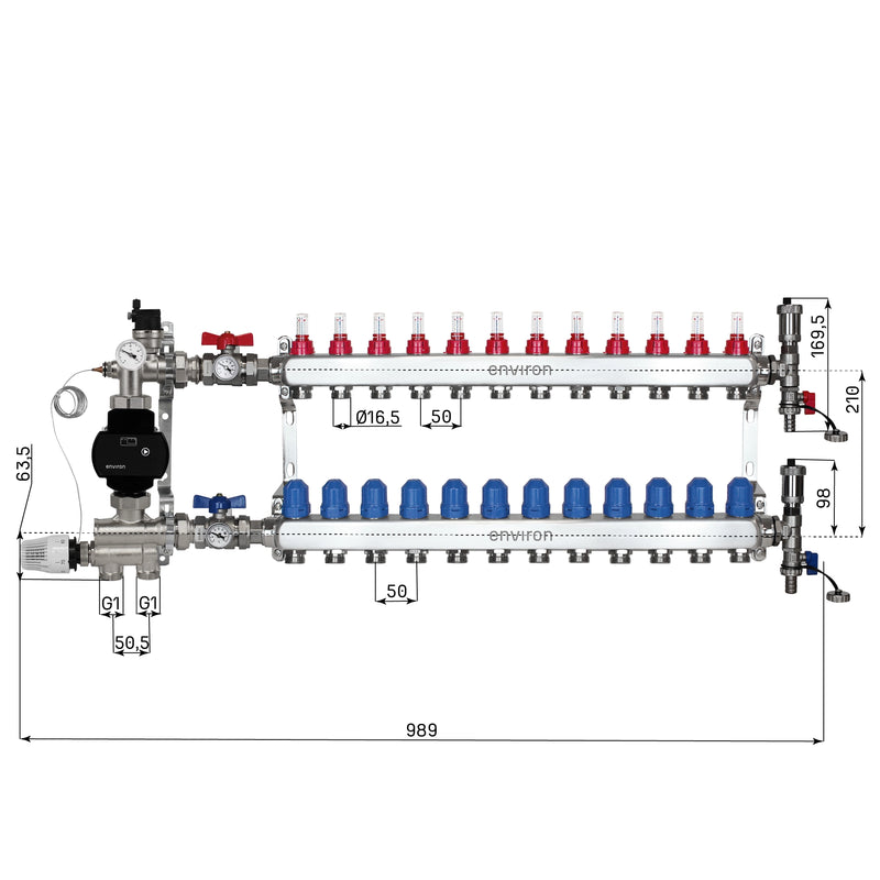 Festwertregelset M059 20-70°C mit EcoStar II 25/6 Hocheffizienzpumpe, Edelstahl-Heizkreisverteiler, Entlüfterset & Kugelhahnset