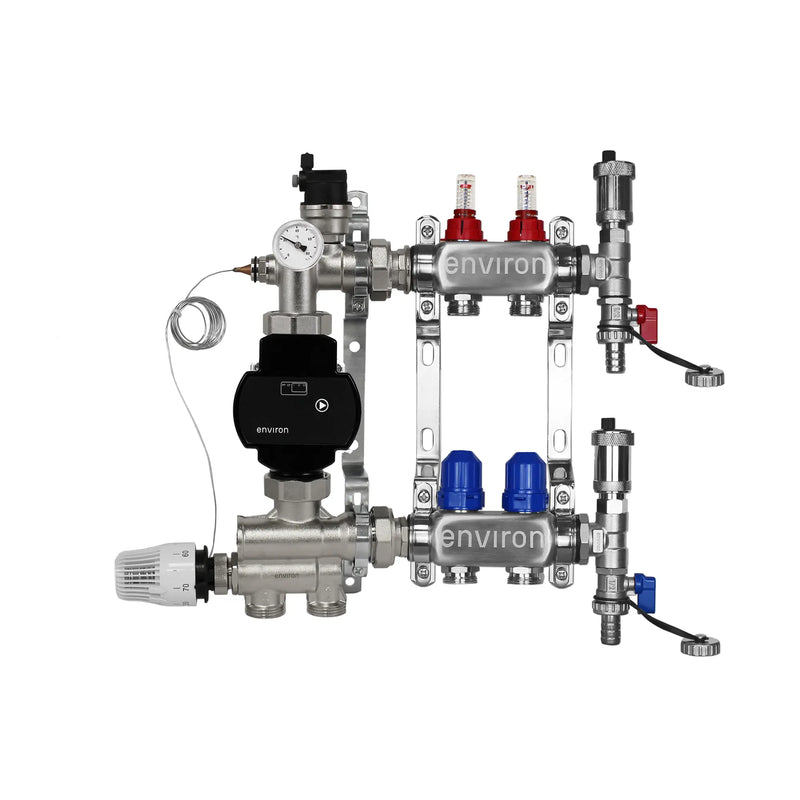 Festwertregelset M059 20-70°C mit EcoStar II 25/6 Hocheffizienzpumpe, Edelstahl-Heizkreisverteiler, Entlüfterset & Kugelhahnset