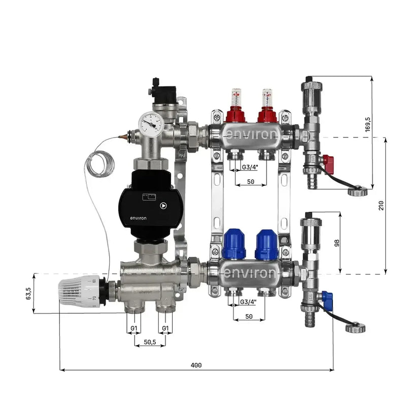 Festwertregelset M059 20-70°C mit EcoStar II 25/6 Hocheffizienzpumpe, Edelstahl-Heizkreisverteiler, Entlüfterset & Kugelhahnset
