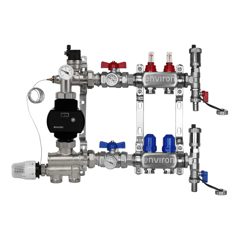 Festwertregelset M059 20-70°C mit EcoStar II 25/6 Hocheffizienzpumpe, Edelstahl-Heizkreisverteiler, Entlüfterset & Kugelhahnset