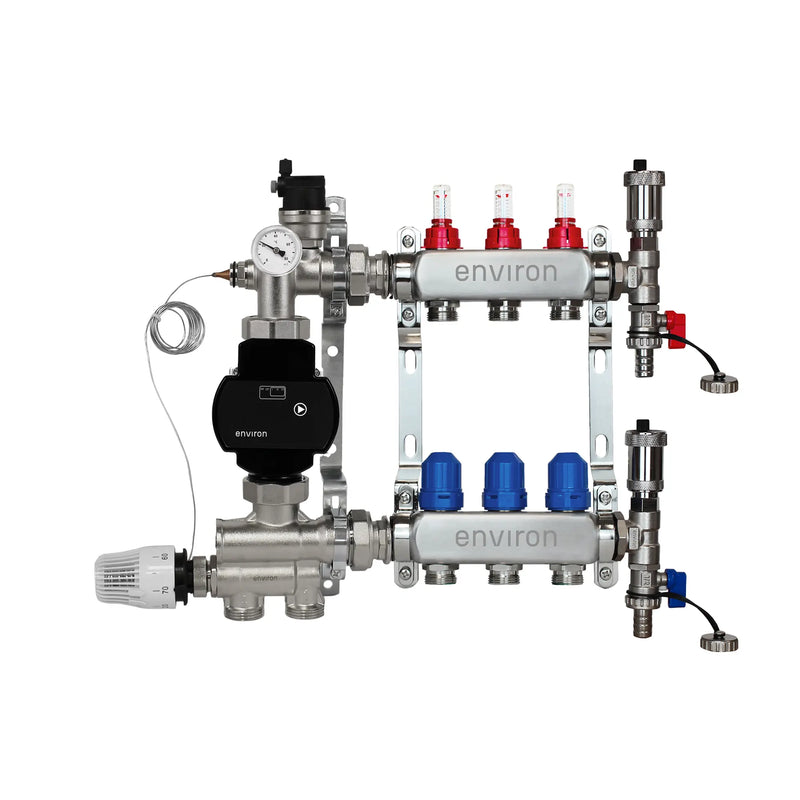 Festwertregelset M059 20-70°C mit EcoStar II 25/6 Hocheffizienzpumpe, Edelstahl-Heizkreisverteiler, Entlüfterset & Kugelhahnset