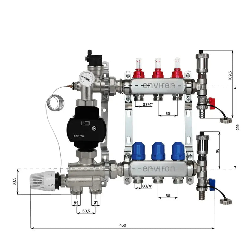 Festwertregelset M059 20-70°C mit EcoStar II 25/6 Hocheffizienzpumpe, Edelstahl-Heizkreisverteiler, Entlüfterset & Kugelhahnset
