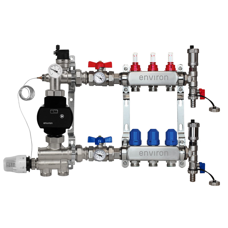 Festwertregelset M059 20-70°C mit EcoStar II 25/6 Hocheffizienzpumpe, Edelstahl-Heizkreisverteiler, Entlüfterset & Kugelhahnset