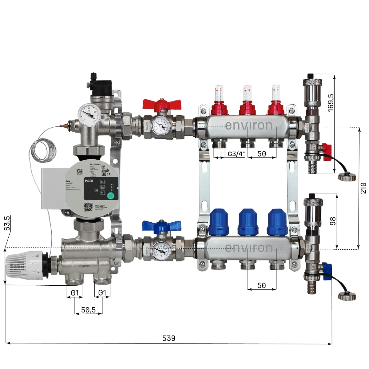 Festwertregelset M058 mit Wilo Para 25/6 Hocheffizienzpumpe und Heizkreisverteiler und Zubehör