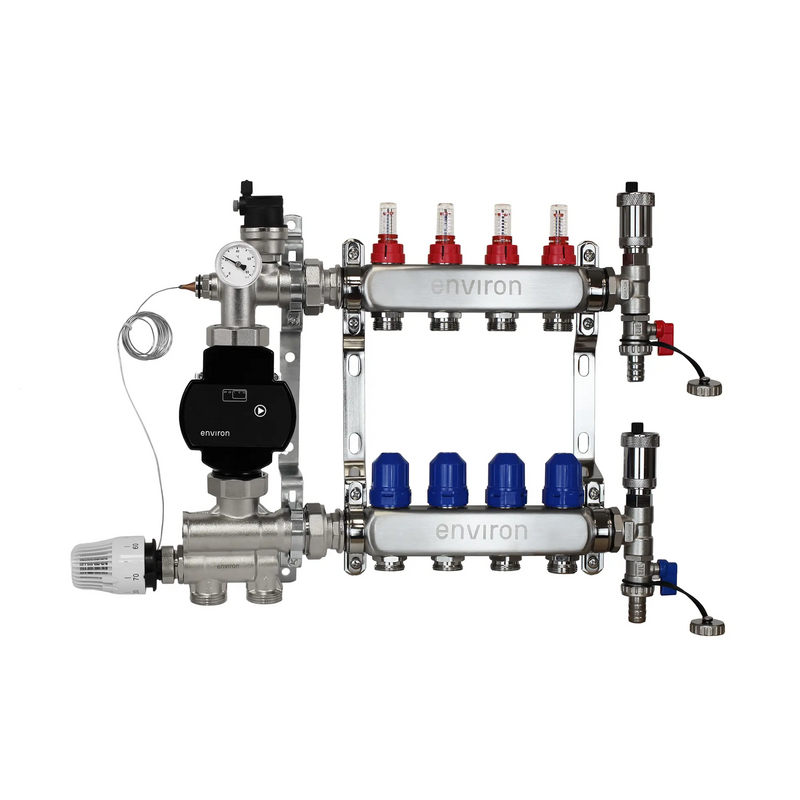 Festwertregelset M059 20-70°C mit EcoStar II 25/6 Hocheffizienzpumpe, Edelstahl-Heizkreisverteiler, Entlüfterset & Kugelhahnset
