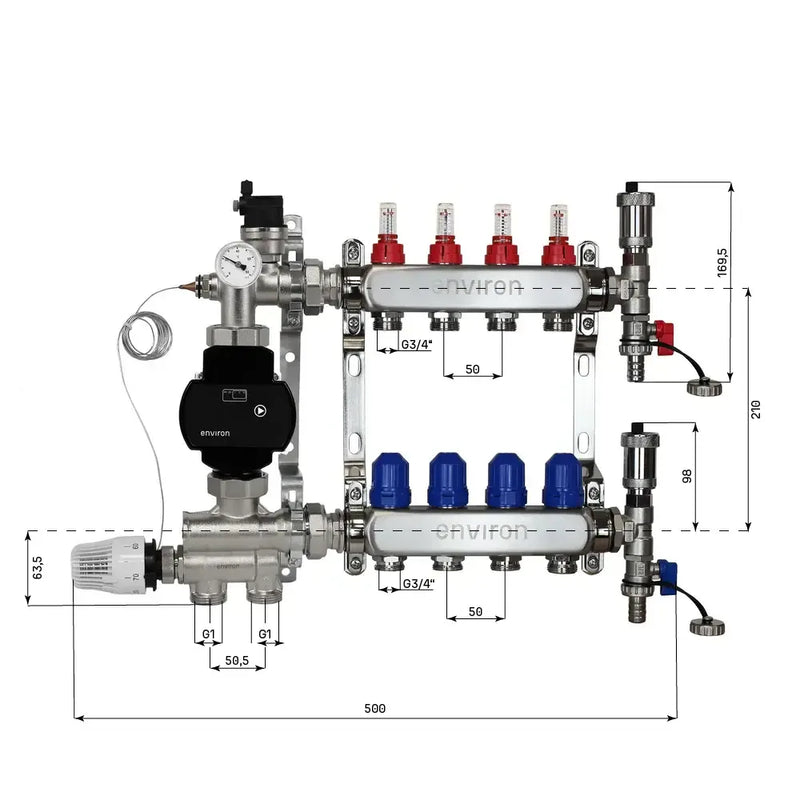 Festwertregelset M059 20-70°C mit EcoStar II 25/6 Hocheffizienzpumpe, Edelstahl-Heizkreisverteiler, Entlüfterset & Kugelhahnset