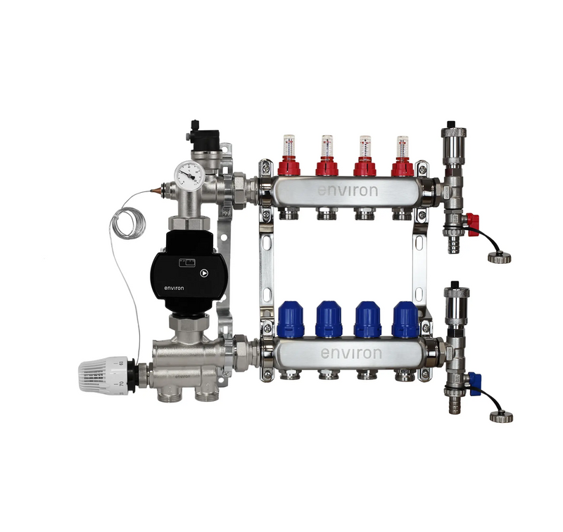 Festwertregelset M059 20-70°C mit EcoStar II 25/6 Hocheffizienzpumpe, Edelstahl-Heizkreisverteiler, Entlüfterset & Kugelhahnset