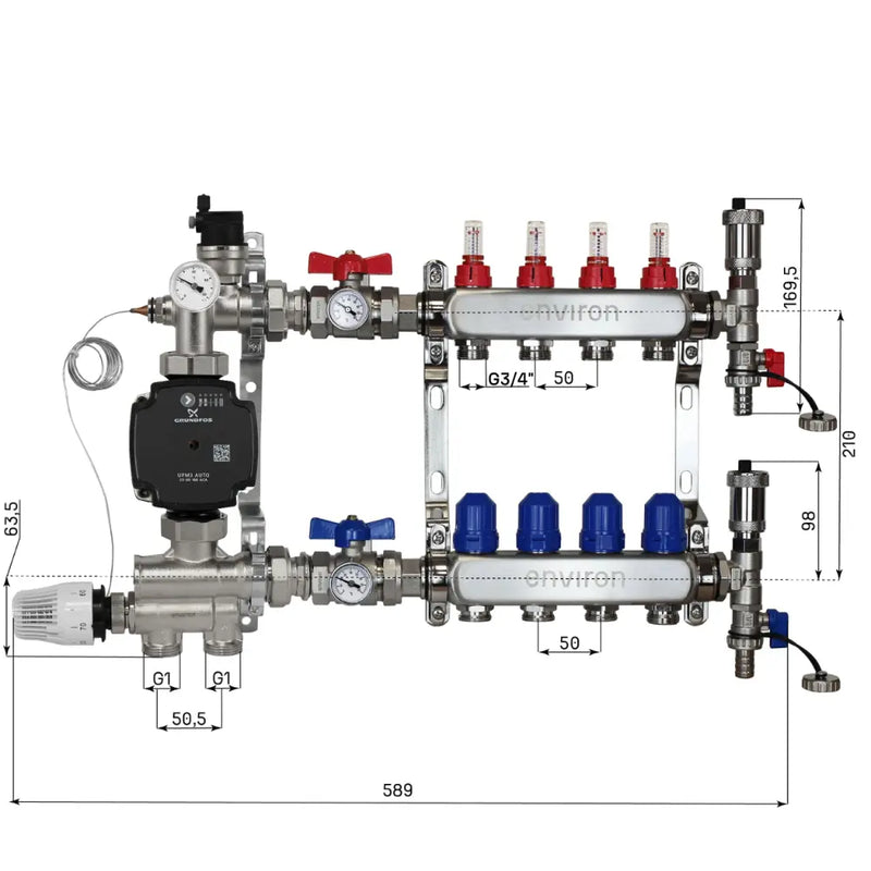 Juego de regulación de valor fijo M059 20-70°C con bomba de alta eficiencia Grundfos UPM3 25/6, distribuidor de circuito de calefacción de acero inoxidable, juego de purgadores y juego de válvulas de bola
