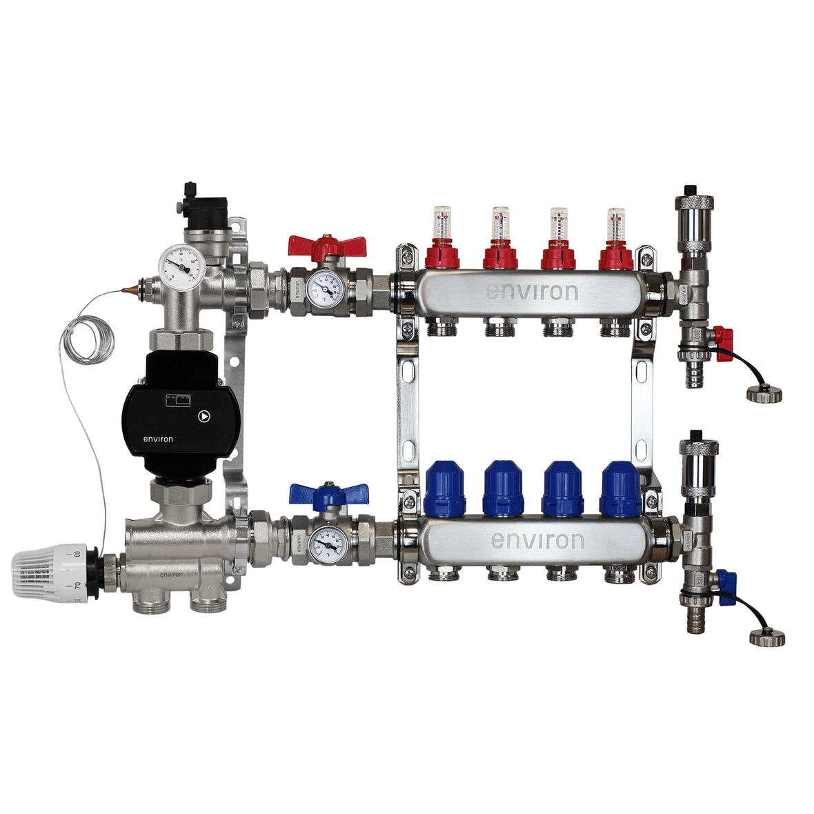 Festwertregelset M059 20-70°C mit EcoStar II 25/6 Hocheffizienzpumpe, Edelstahl-Heizkreisverteiler, Entlüfterset & Kugelhahnset