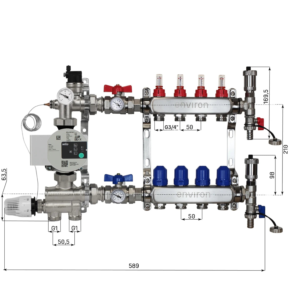 Festwertregelset M058 mit Wilo Para 25/6 Hocheffizienzpumpe und Heizkreisverteiler und Zubehör