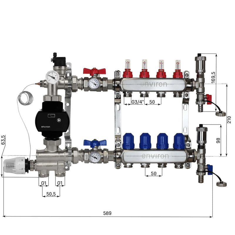 Festwertregelset M059 20-70°C mit EcoStar II 25/6 Hocheffizienzpumpe, Edelstahl-Heizkreisverteiler, Entlüfterset & Kugelhahnset